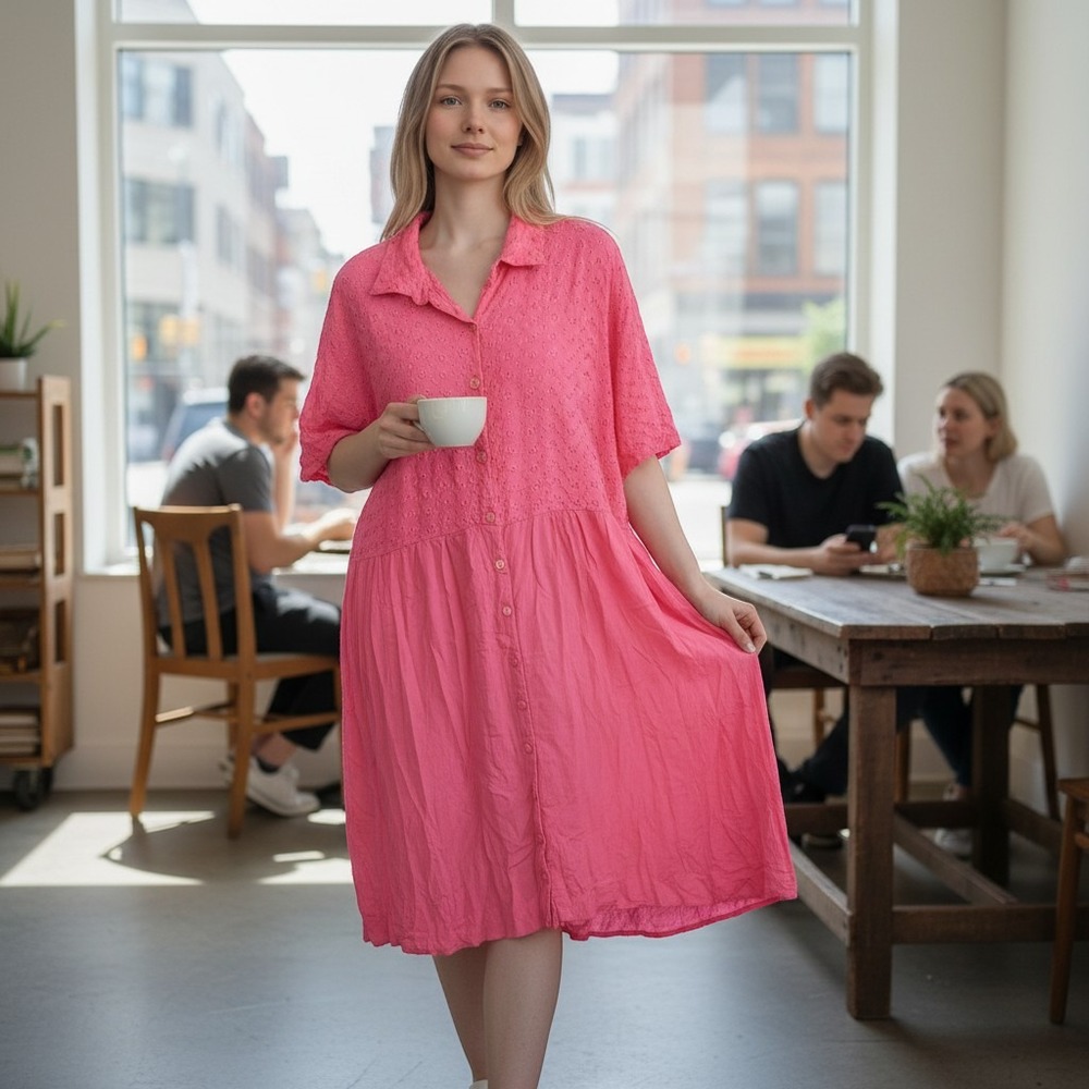 220 Hickory Pink Eyelet Embroidered Button Front Feminine Midi Shirt Dress 2XL